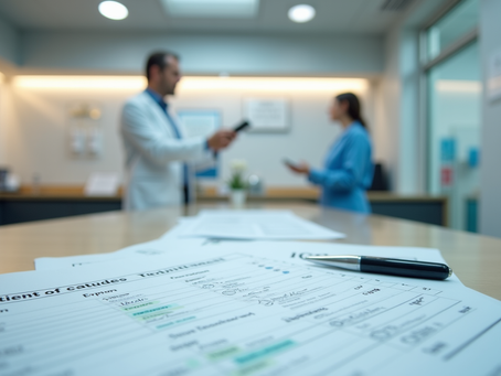 Eye-level view of a clinic reception desk with patient enquiry forms and appointment schedules
