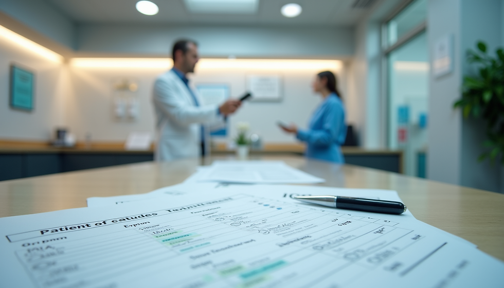 Eye-level view of a clinic reception desk with patient enquiry forms and appointment schedules