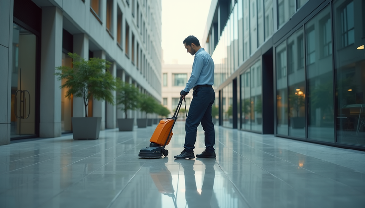 Eye-level view of a commercial cleaner preparing equipment outside an office building