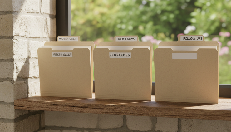 Eye-level view of labelled paper folders arranged by enquiry stage