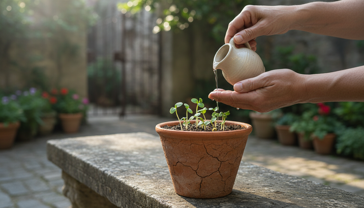 Eye-level view of a gardener watering a dry potted plant with new green shoots