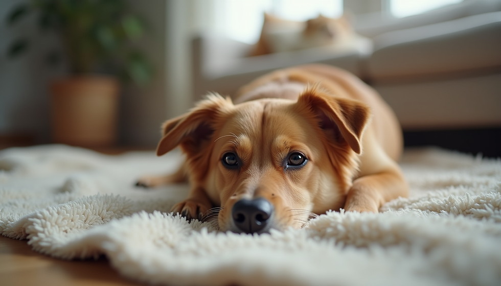 A calm dog resting comfortably indoors