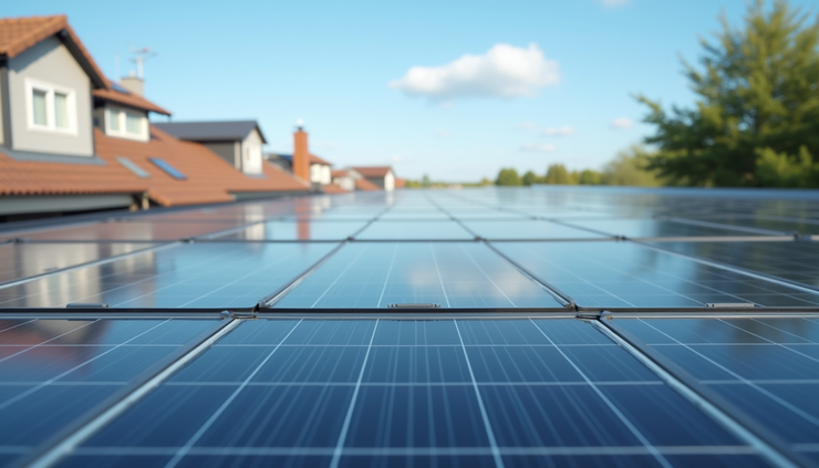 Eye-level view of a solar panel installation on a residential roof with clear blue sky