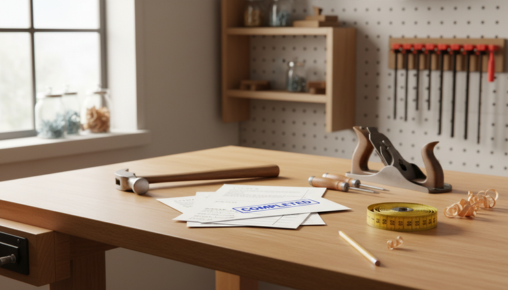 Eye-level view of a small workshop bench with completed order forms stacked beside measuring tools.