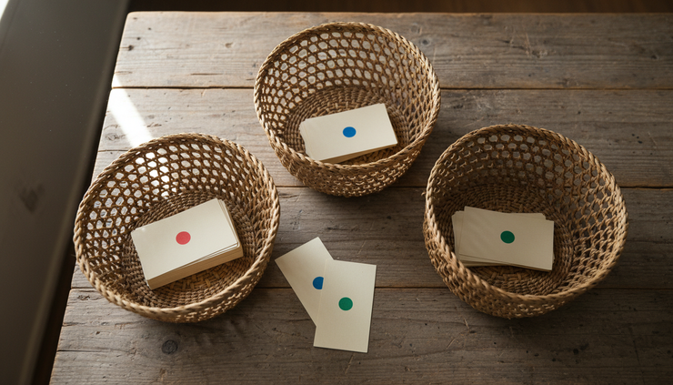 Overhead view of three woven baskets sorting marked enquiry cards by level of interest.