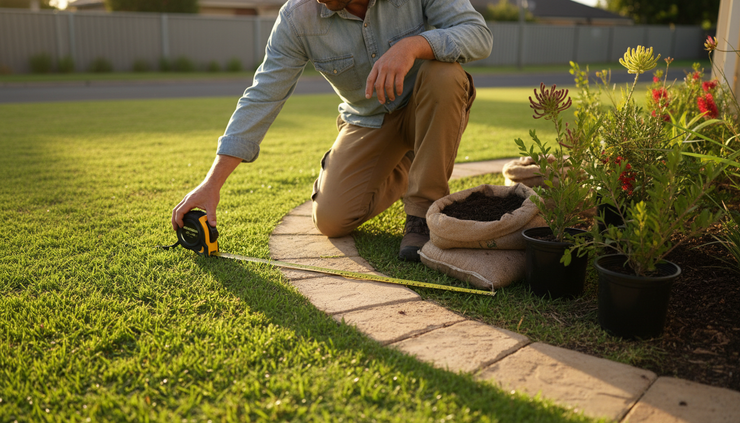 Low-angle view of a gardener measuring a patch of lawn beside neatly arranged landscaping materials.