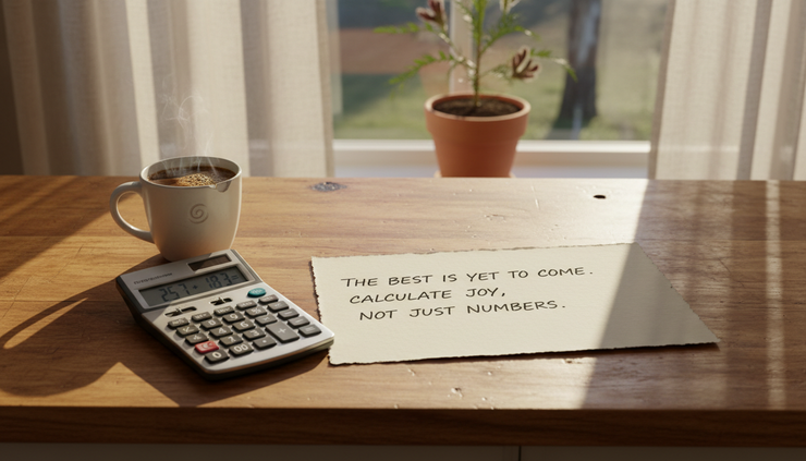Wide-angle view of a handwritten quote sheet beside a calculator on a timber kitchen bench.