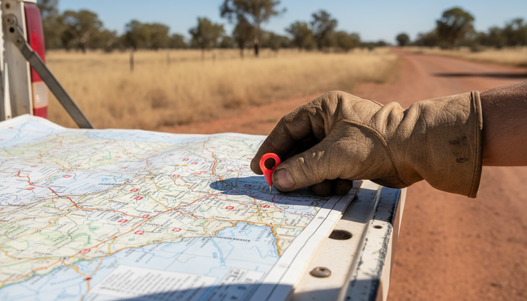 Close-up view of a gloved hand placing a marker on a regional service map.