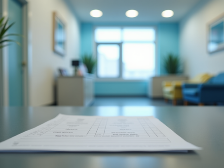 Eye-level view of a sleep clinic reception area with patient enquiry forms on the desk