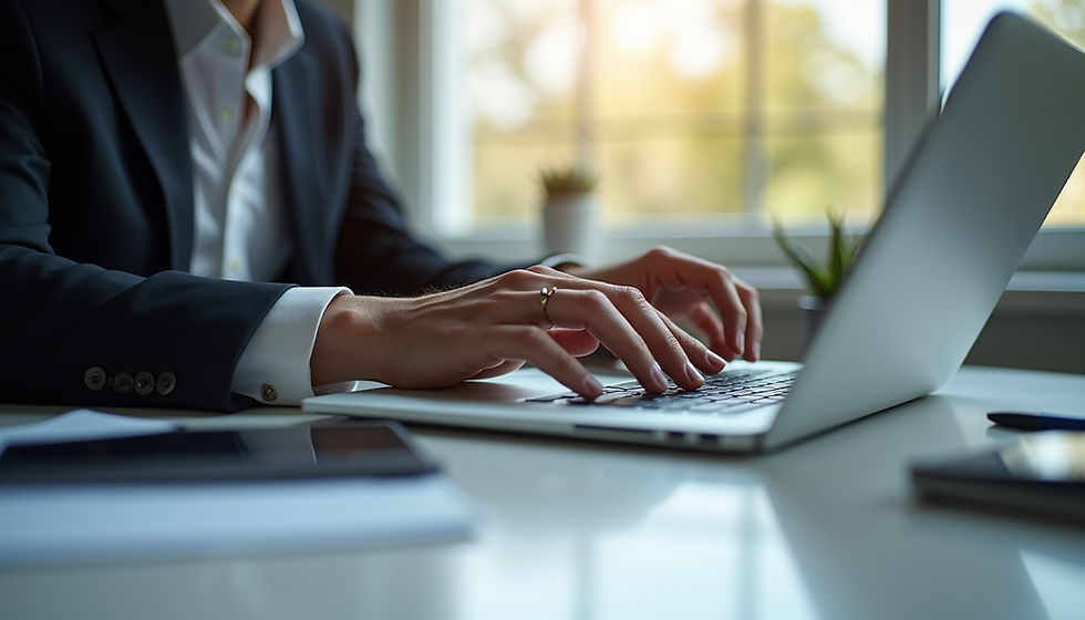 Eye-level view of a business professional reviewing client data on a laptop