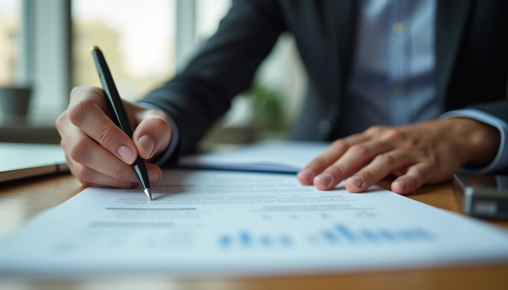 Eye-level view of a business owner reviewing asset finance documents on a desk