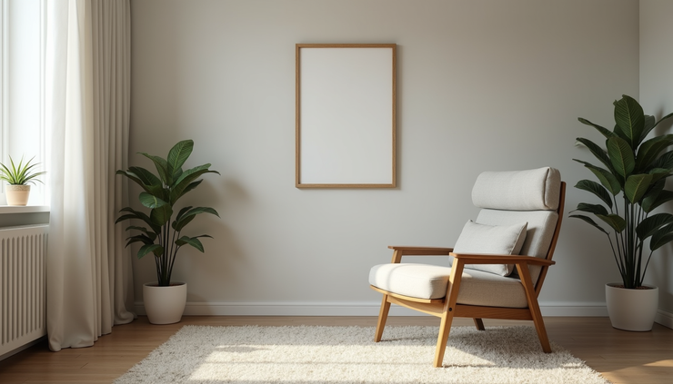 Eye-level view of a psychiatrist's consultation room with a comfortable chair and calming decor