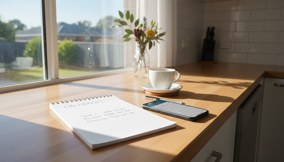 Eye-level view of a mobile phone beside a handwritten callback list on a kitchen bench.