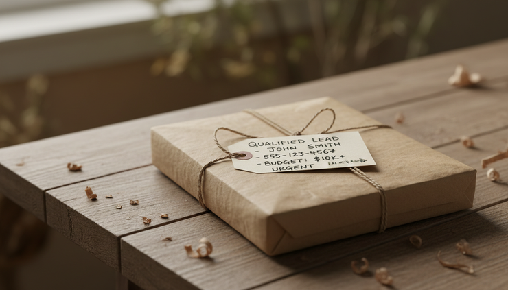 Close-up view of a paper tag tied to a parcel with clear handwritten notes