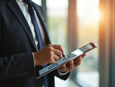 Businessperson in a suit uses a stylus on a tablet showing charts in a bright office, focused and professional.