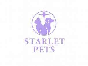 Purple logo with a dog and cat silhouette under a star in a circle. Text reads "Starlet Pets." Minimalist design on a white background.