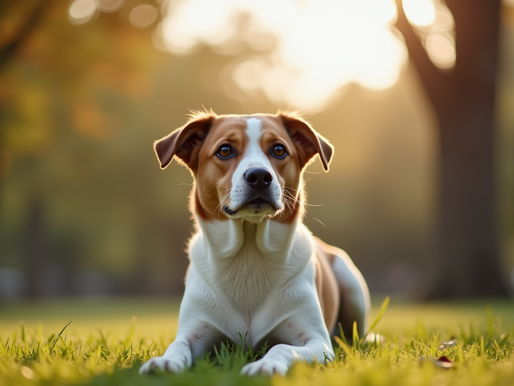 Eye-level view of a calm dog sitting attentively during a training session in a quiet park