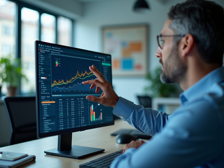 Man in blue shirt analyzes rising stock charts on a desktop monitor in a modern office, pointing at the screen.