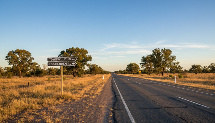 Eye-level view of a regional Australian road sign beside an open highway.