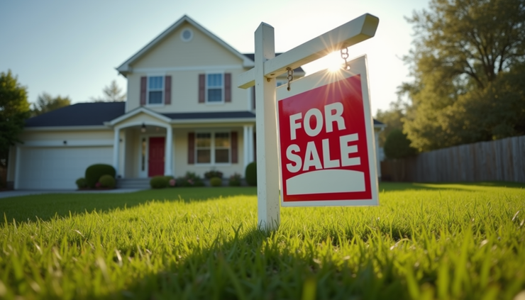 Eye-level view of a suburban house with a "For Sale" sign being placed in the front yard