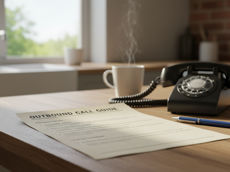Close-up view of a printed call guide beside a black landline phone