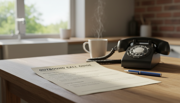 Close-up view of a printed call guide beside a black landline phone