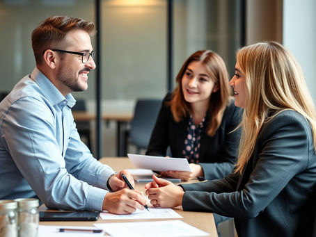 Three coworkers smile during a meeting in a glass-walled office, reviewing and signing papers at a table.
