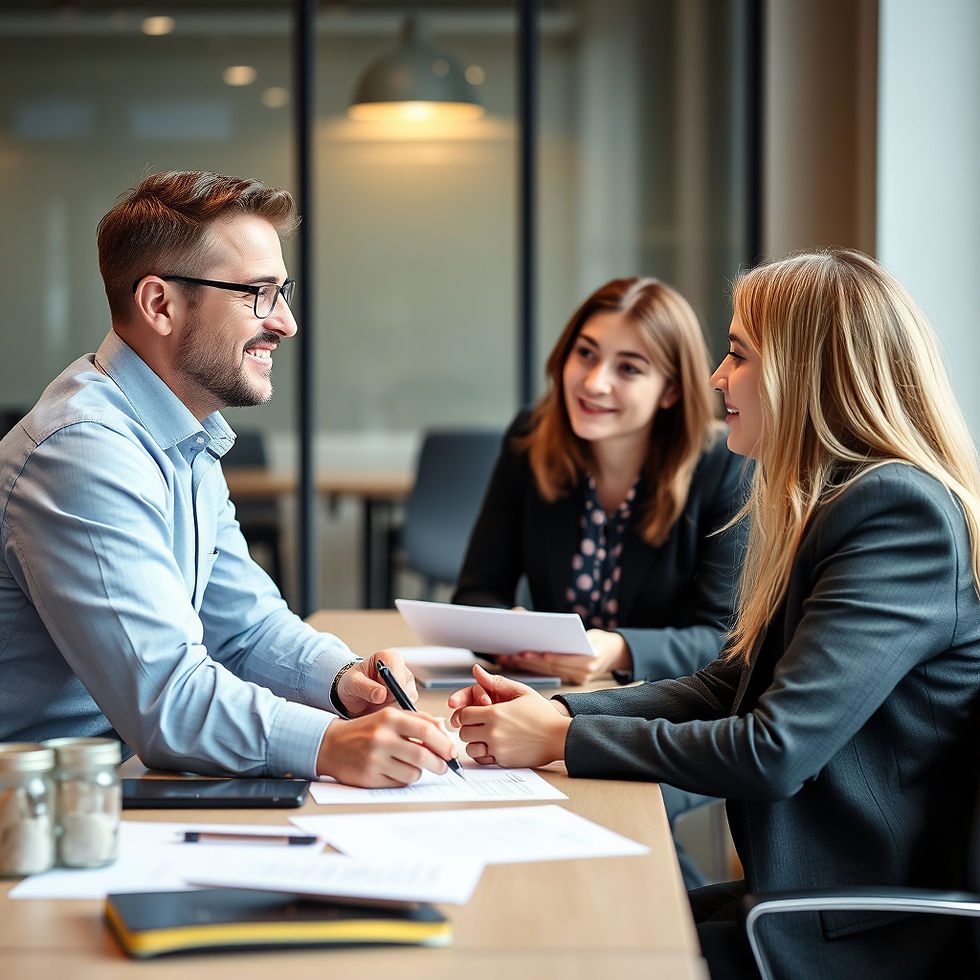 Three coworkers smile during a meeting in a glass-walled office, reviewing and signing papers at a table.