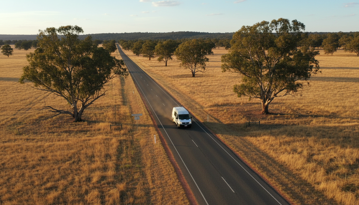 High-angle view of a service vehicle travelling along a quiet regional road.