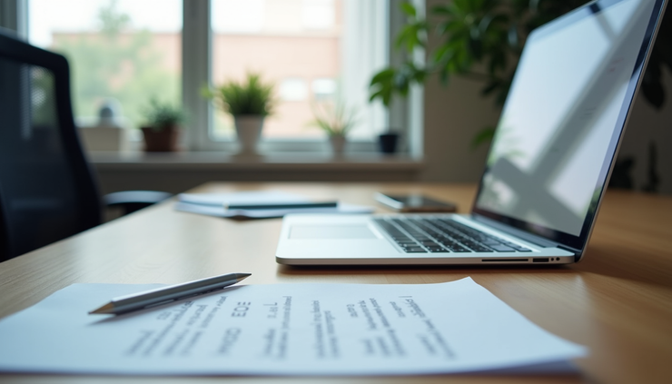 Eye-level view of a modern office desk with a laptop and notes showing sales lead tracking