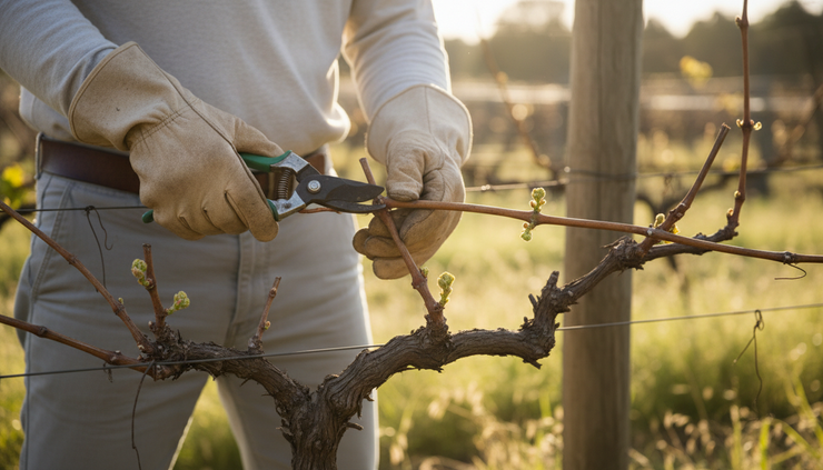 Close-up view of a gardener pruning a dormant grapevine with new green buds.