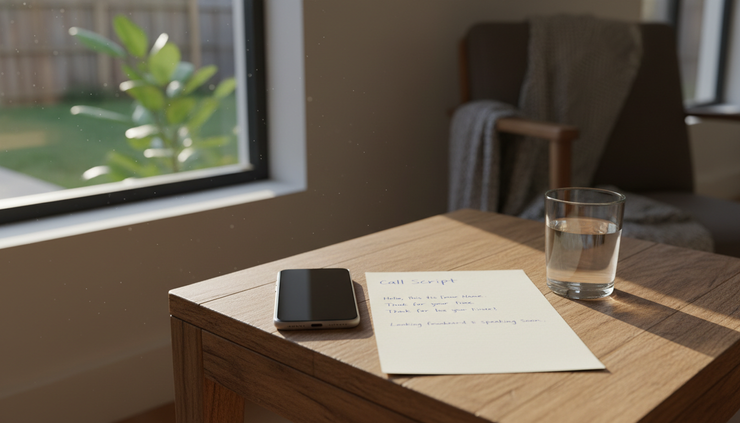 Eye-level view of a mobile phone beside a handwritten call script and a glass of water on a timber side table.