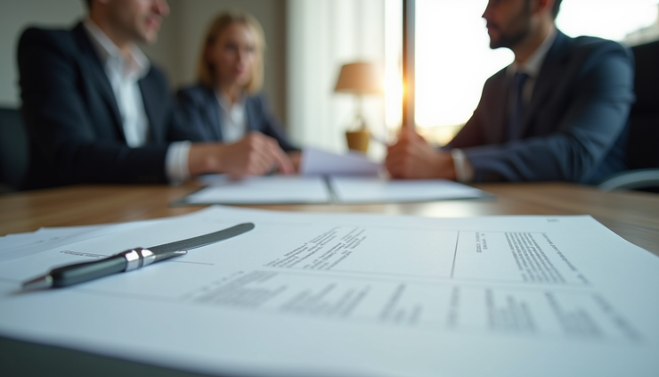 Eye-level view of a legal consultation room with family law documents on the table