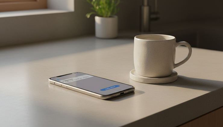 Close-up view of a mobile phone on a kitchen bench showing a simple callback reminder.