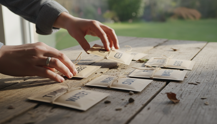 Close-up view of a hand sorting labelled seed packets on a wooden table.