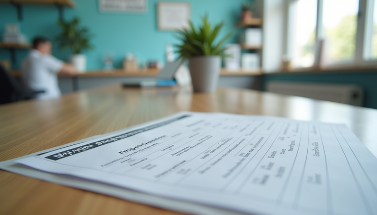 Eye-level view of a physiotherapy clinic reception desk with patient enquiry forms and appointment schedules