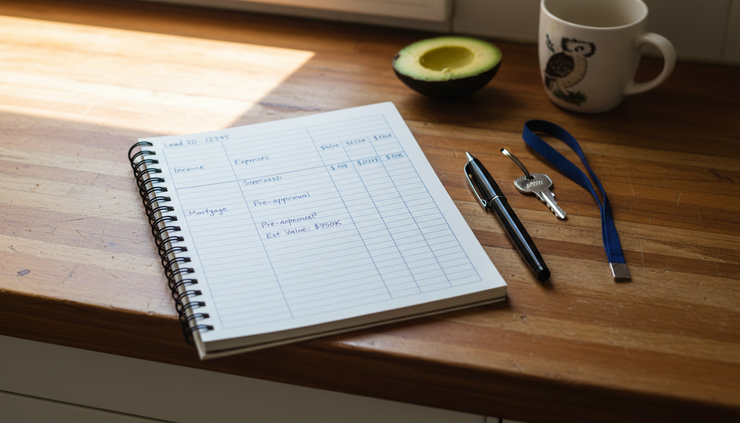 Overhead view of a notebook with handwritten home finance notes beside keys