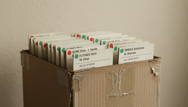 Wide-angle view of a weathered box filled with labelled contact cards
