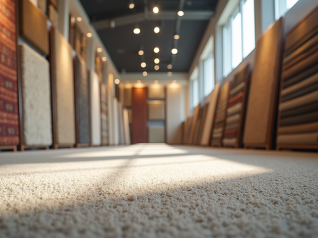 Eye-level view of a carpet showroom with various carpet samples displayed