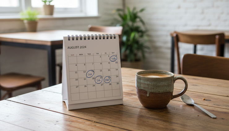 Close-up view of a paper calendar with circled appointment times beside a mug on a timber cafƩ table.
