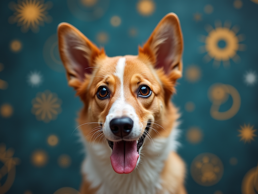 Close-up view of a playful dog surrounded by astrological symbols