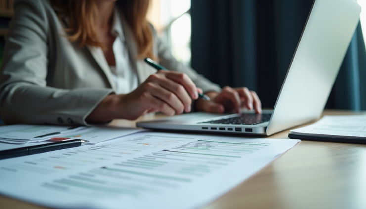 Eye-level view of a financial planner reviewing client notes with a laptop and documents on a desk
