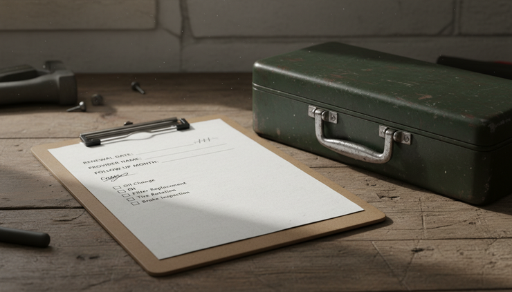 Close-up view of a handwritten service checklist with renewal dates