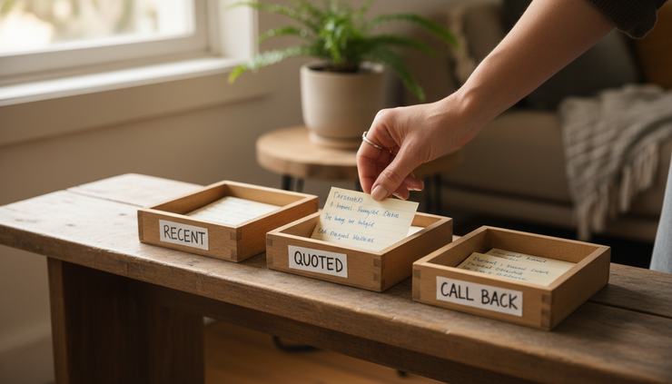 Close-up view of a hand sorting paper lead cards into small labelled trays on a wooden bench.