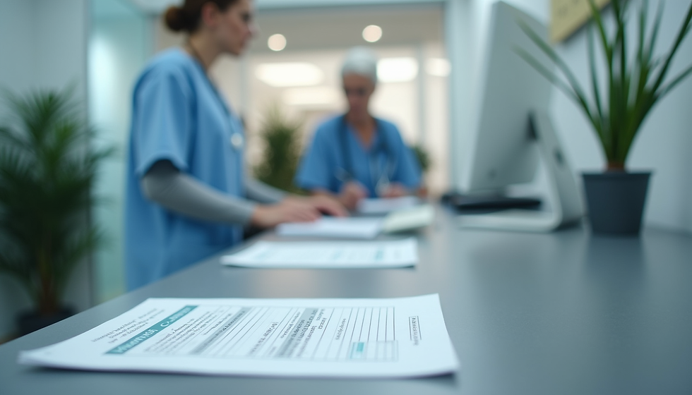 Eye-level view of a medical centre receptionist desk with patient enquiry forms and a computer