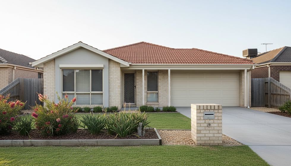 Wide-angle view of a single-storey Australian home with a neat front garden.