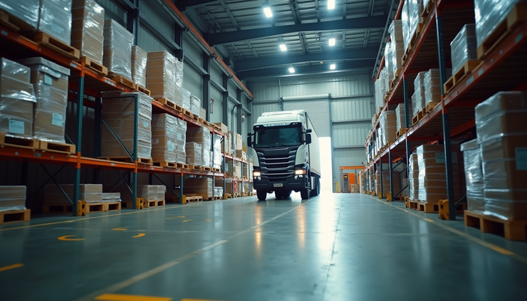 Eye-level view of a freight truck loading pallets at a warehouse dock