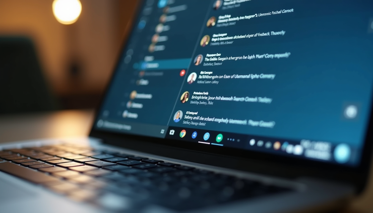 Eye-level view of a laptop screen showing an email inbox with unread messages