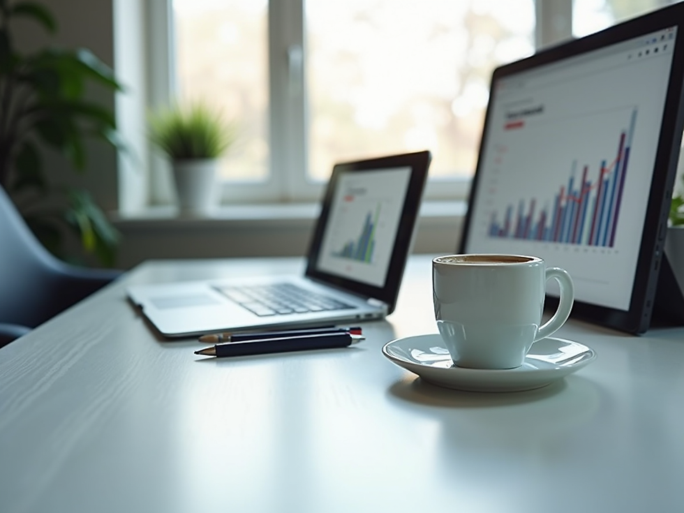 Coffee cup on a desk beside a laptop and monitor showing rising charts in a bright office with plants and soft daylight