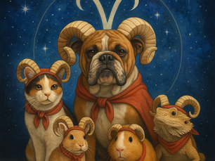 Animals—a dog, cat, guinea pigs, and lizard—wear ram horn hats and red capes, pose in front of a starry blue background with a large Aries Ram symbol.